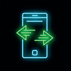 Poster - Glowing neon icon of a smartphone with two arrows moving data in opposite directions