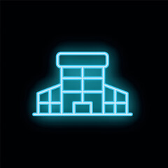 Poster - Neon sign depicting a multi story office building with glowing windows, symbolizing urban life and corporate culture