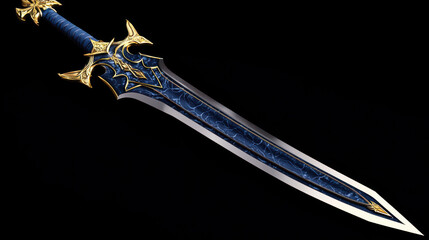 stunning 3d render of blue fantasy sword featuring intricate golden elements, set against black back