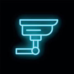Poster - Blue neon cctv camera glowing on a black wall representing safety and security