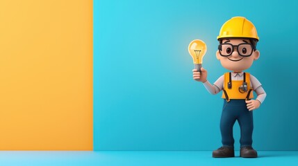 Poster - Cartoon Construction Worker with Lightbulb Tool in Vibrant Color Background