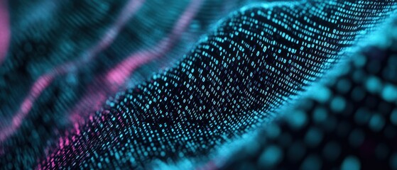 Poster - abstract digital wave pattern with glowing dots in blue and pink hues.