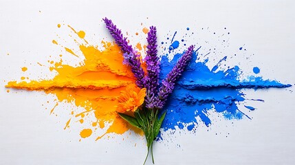 Poster - Cheerful Floral Arrangement in Watercolor Style Featuring Vibrant Splashes of Orange, Purple, and Blue with Delicate Details and Artistic Touch