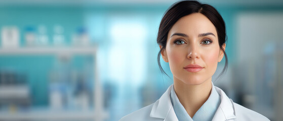 Wall Mural - Clinical Researcher in Lab Coat, woman in a clinical lab setting, focused on her work, modern lab equipment in background, ultra HD quality.