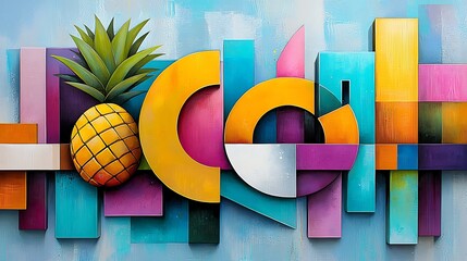 Poster - Vibrant Tropical Fruit Arrangement Featuring Pineapple and Colorful Geometric Shapes Ideal for Summer Decor and Freshness Inspired Designs