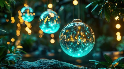 Poster - Glowing Christmas Ornaments Hanging on Lush Evergreen Branches with Magical Bokeh Lights