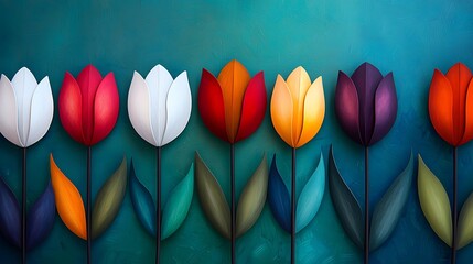 Poster - Dreamy Watercolor Landscape Scene with Vibrant Tulip Flowers in Rich Colors Against a Soft Aqua Background, Perfect for Floral Artwork and Nature Lovers
