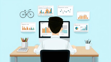 Poster - Businessman Analyzing Financial Data and Charts on Computer Monitor in Modern Workplace