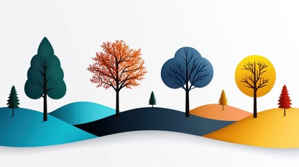 Poster - Vibrant Minimalist Landscape with Stylized Trees and Mountains at Sunset