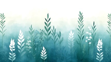 Poster - Serene Watercolor Landscape Featuring Delicate Botanicals in Soft Green and White Hues, Ideal for Nature-Inspired Decor and Artwork Enthusiasts