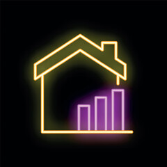 Canvas Print - Neon icon of a house with a growing bar graph inside, representing the increasing value of properties