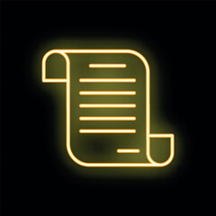 Poster - Bright yellow neon paper scroll glowing on black background, concept for history, ancient times or important document