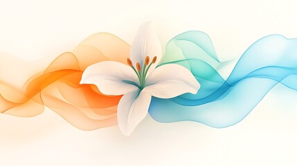 Poster - Soft and Delicate Watercolor Illustration of a Single Lily Flower Surrounded by Flowing Waves of Orange and Blue, Ideal for Inviting and Serene Designs