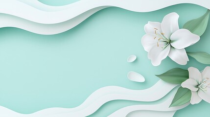 Poster - Soft and Delicate Watercolor Design Featuring White Flowers on a Light Mint Background with Flowing Paper Elements and Petals for Elegant Visual Appeal