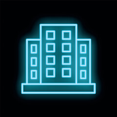 Poster - Blue neon sign depicting an office building with multiple floors