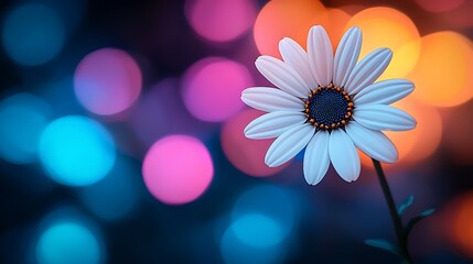 Wall Mural - Tranquil Watercolor of a White Daisy in a Colorful Meadow Surrounded by Soft Bokeh Lights, Creating a Serene and Dreamy Atmosphere