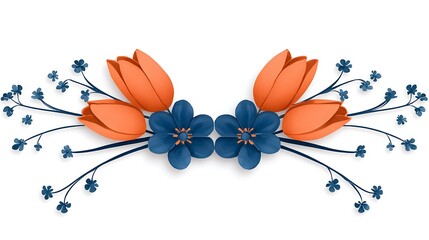 Poster - Whimsical Artwork Featuring Blue and Orange Floral Arrangement with Artistic Elements and Delicate Lines for Creative and Decor Purposes