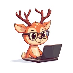 Wall Mural - Cartoon Reindeer with Glasses Working on a Laptop at a Desk