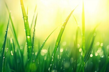 Wall Mural - Grass. Fresh green spring grass with dew drops closeup. Sun. Soft Focus. Abstract Nature Background