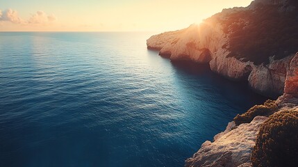 Poster - Enchanting Coastal Sunrise with Sunlight Illuminating Majestic Cliffs : Generative AI