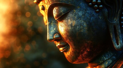 Aufkleber - Tranquil Buddha Statue Profile in Warm Glowing Light with Peaceful Bokeh Background : Generative AI
