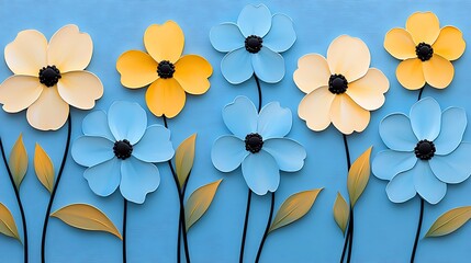 Poster - Abstract Watercolor Scene Featuring Bright and Colorful Burst of Flowers and Leaves on a Soft Blue Background for Creative Art Projects and Designs