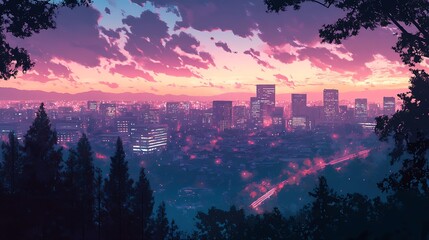 Poster - Vibrant Cityscape at Sunset with Colorful Sky and Illuminated Urban Skyline : Generative AI