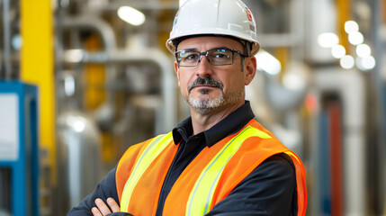 Aufkleber - Industrial supervisor wearing hardhat and safety vest posing with arms crossed in modern factory