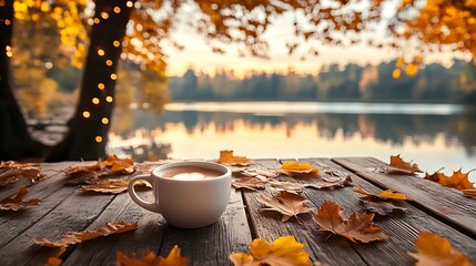 Poster - Scenic Autumn Morning with Coffee Mug on Rustic Table by Tranquil Lake : Generative AI
