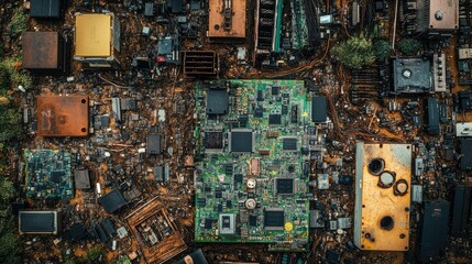 Poster - A bird's-eye view of circuit boards, emphasizing the need for electronic waste recycling and the eco-friendly approach to managing system boards.