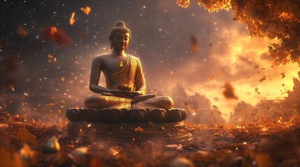 Aufkleber - Golden Buddha Statue in Spiritual Ambient Forest with Falling Autumn Leaves : Generative AI