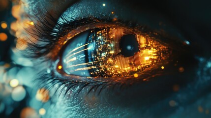 Poster - A futuristic digital eye with glowing circuits and data streams, symbolizing the integration of artificial intelligence and human vision.