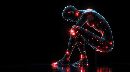 Poster - A human figure with glowing red lines around the knee, symbolizing the discomfort and pain associated with joint issues.