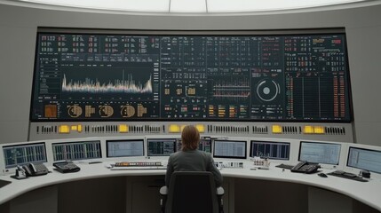 Poster - Professional trader observing a massive screen of stock market data, fluctuating graphs, and dynamic charts in a futuristic workspace.