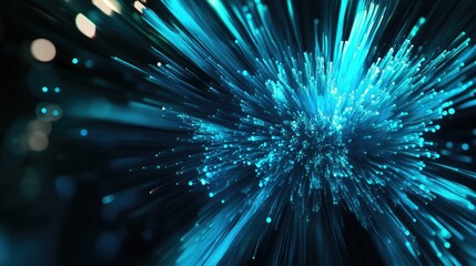 Poster - Abstract close-up of blue and turquoise optical fibers with bright glowing ends, symbolizing high-speed communication.