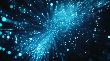 Poster - Abstract close-up of blue and turquoise optical fibers with bright glowing ends, symbolizing high-speed communication.
