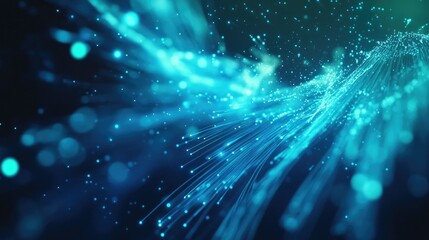 Poster - Abstract close-up of blue and turquoise optical fibers with bright glowing ends, symbolizing high-speed communication.