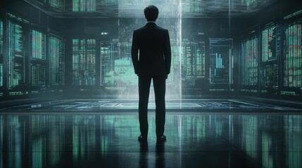 Poster - rear view of an economist standing before an array of vibrant financial dashboards filled with tradi