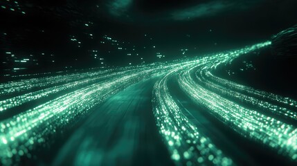 Poster - Abstract digital network with glowing lines and nodes speeding through space, symbolizing high-speed data transmission.