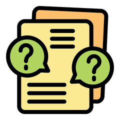 Poster - Speech bubbles with question marks emerging from a document with text lines, symbolizing inquiries, doubts, or questions related to the content