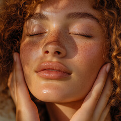 Wall Mural - Close-up of a woman applying skincare products, self-care routine, beauty and wellness, healthy skin, relaxation and pampering, natural beauty, skincare treatments