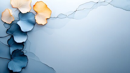 Poster - An Intricate Watercolor Piece Depicting Delicate Leaves with Soft Hues on a Light Blue Background, Perfect for Artistic and Nature-Inspired Projects