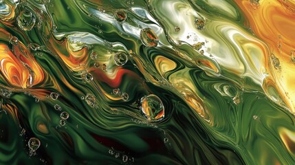 Poster - Abstract macro image of oil droplets floating in water with green hues, creating a dynamic and colorful fluid pattern.