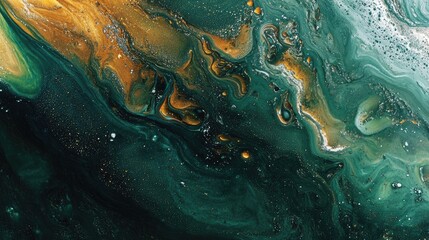 Poster - Abstract macro image of oil droplets floating in water with green hues, creating a dynamic and colorful fluid pattern.