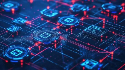 Aufkleber - Abstract representation of blockchain technology with circular digital elements and connected nodes, illustrating decentralized networks.