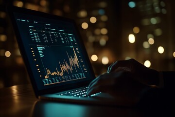 Poster - Evening business analysis on laptop with glowing data graphs : Generative AI