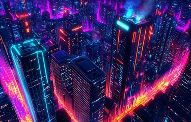 Poster - Vibrant Nighttime Skyline of a Neon-Lit City Metropolis with Tall Skyscrapers and Illuminated Streets : Generative AI