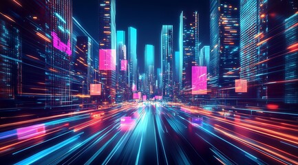 Poster - High-Tech Virtual Cityscape Set in the Future with Luminous Skyscrapers : Generative AI
