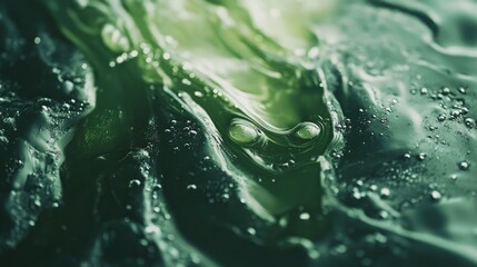 Poster - Close-up shot of green oil and water mixture, with droplets creating a stunning macro abstract background.