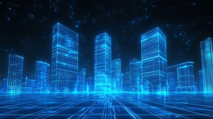 Aufkleber - Futuristic Digital Cityscape with Abstract Neon Grid and Virtual Technology : Generative AI